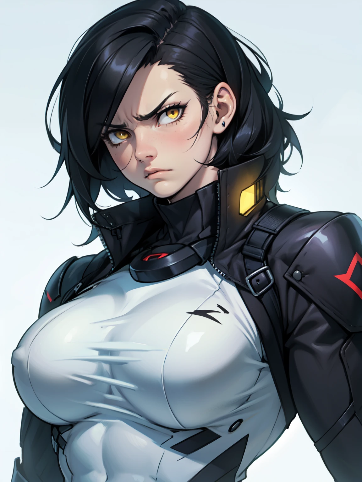 muscular girl thick breasts black hair yellow eyes pale skin best quality sad frown cold