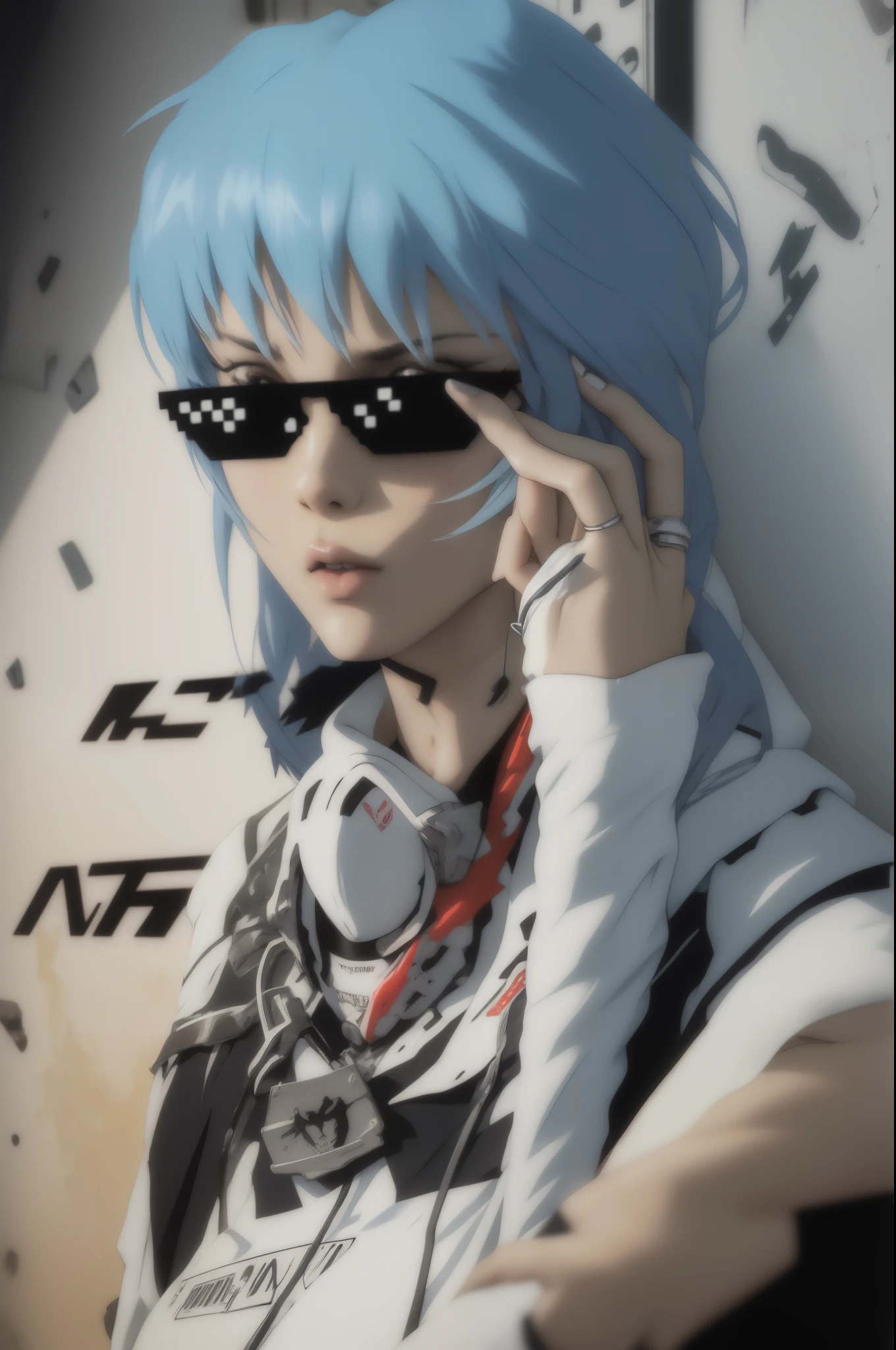 "A rap music video solo hip hop gangtsa shot  featuring
ayanamirei with a slick sly  expression  in teh studio on a studio mic rapping  showcasing her skill as a rapper..  rapping on studio mic  badass on the mic spitting sick ass bars yo !" DealWithIt sunglasses