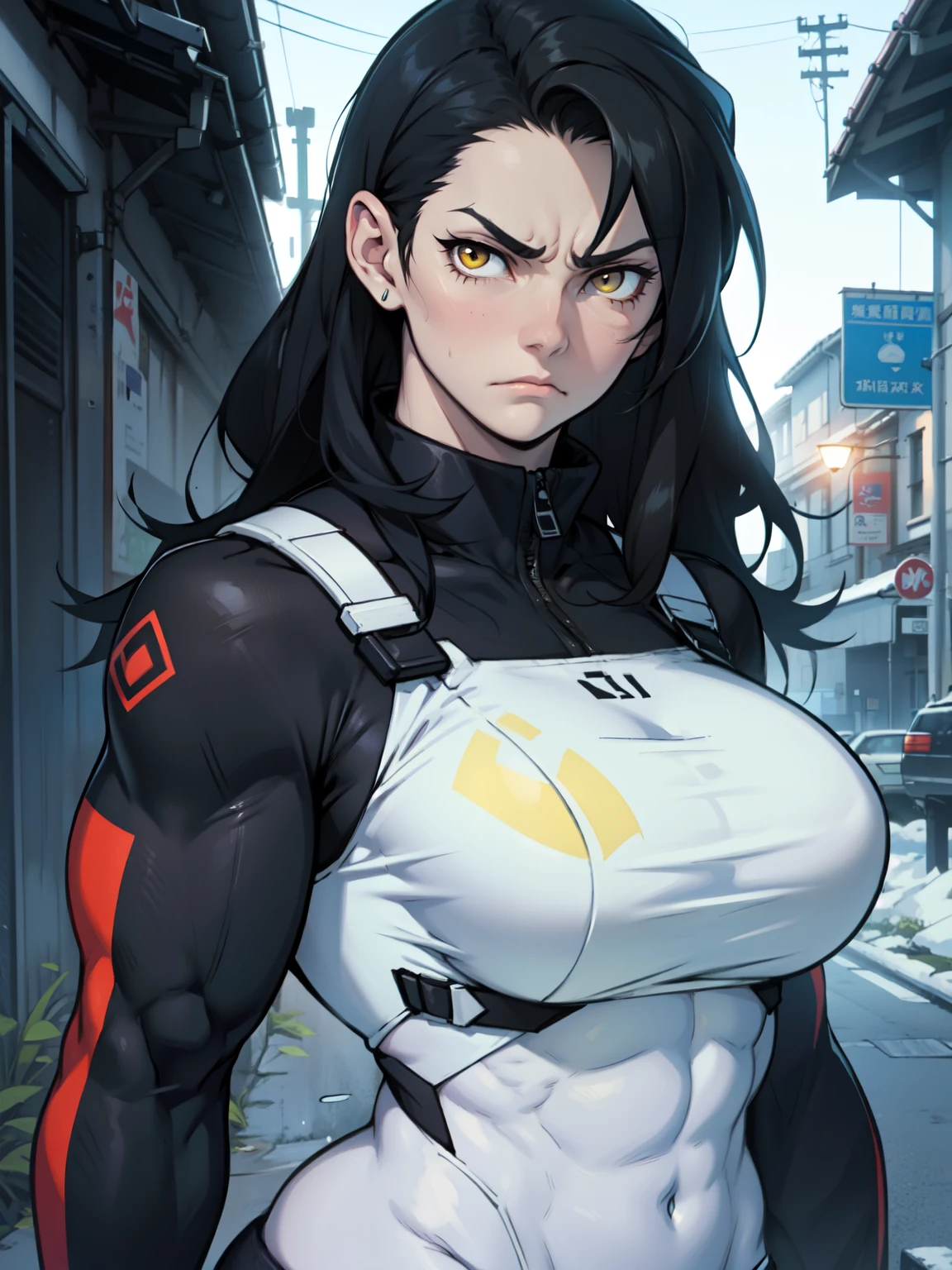 muscular girl thick breasts black hair yellow eyes pale skin best quality sad frown cold
