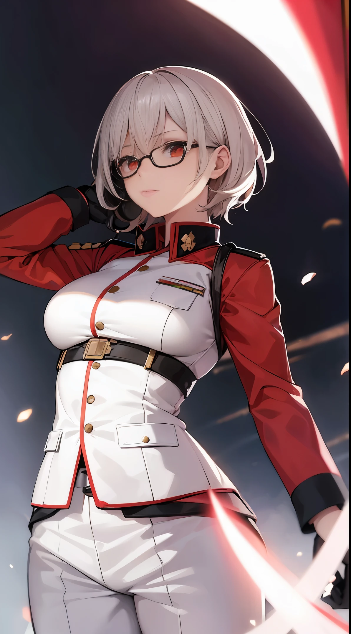 masutepiece , girl with, on battlefield, ( Light White Shorthair:1.2), (Red Eyes:1.2), (Russian military uniform:1.2), (look at viewr:1.2) , (8K, Best Quality 1.2), Ultra-detailed, 8K uhd, Soft lighting, High quality, Film grain, Beautiful lighting, Cinematic ,Perfect body , Best Illumination, Best Shadow, sharpness, Contrasty, Red glasses, hair messy, Tactical Vest, gloves, headset on head, Absurd high detail face