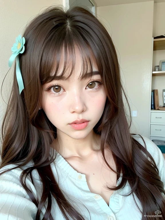 hay una joven con el pelo largo y un lazo verde, Retrato realista kawaii, ulzzang, Linda cara de anime natural, brown hair and large eyes, Sakimichan, Tono verde claro hermosa cara, chica linda-fina-cara, Cara linda clara, auburn hair with bangs, Cara delicada y encantadora, Joven y adorable rostro coreano, 🤤 girl portrait, Linda chica kawaii