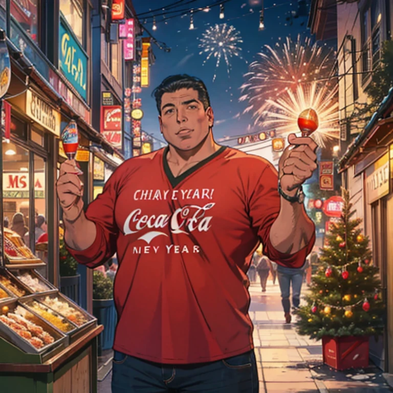 "Create a '50s-style poster reminiscent of vintage Coca-Cola Christmas ads. Depict a chubby Latino man in his 40s wearing white New Year's attire, cheerfully toasting the New Year. In the background, a window displays New Year's fireworks. The overall mood of the image should convey joy, unity, and the warm spirit of the New Year."