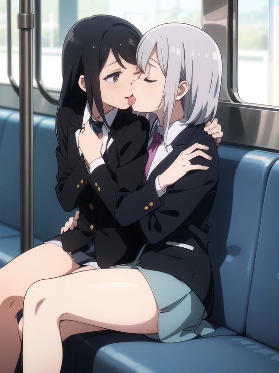 Best Quality, masutepiece, 超A high resolution、2 women、train、molesting、Long black hair straight、Silver hair straight、shairband、eye glass、lesbian、eye closed、kiss with tongue、embracing each other、beauty legs、OL、suits、Tight mini skirt、Legs thin、teats、Slimed、