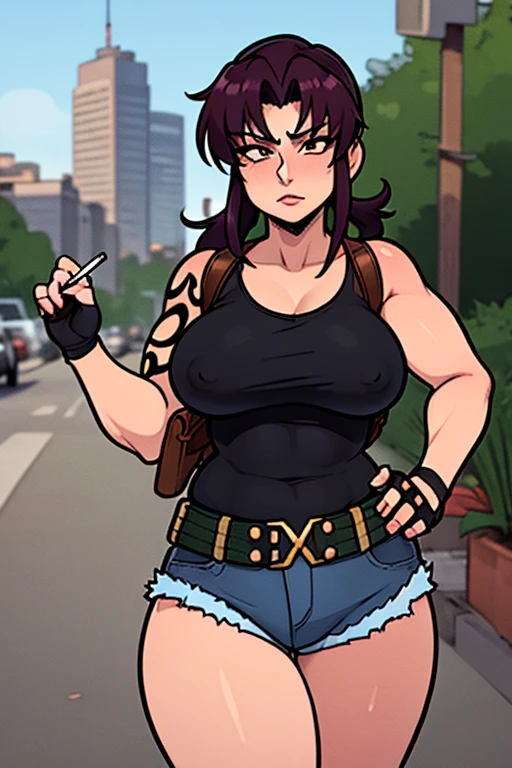 (masterpiece, best quality:1.2), solo, 1girl, revy, 48-year-old, mature woman, milf, milf figure, chubby, expressionless, looking at viewer, walking, ponytail, tank top, fingerless gloves, denim shorts, belt, cigarette, smoking, holster, city street \(place\)