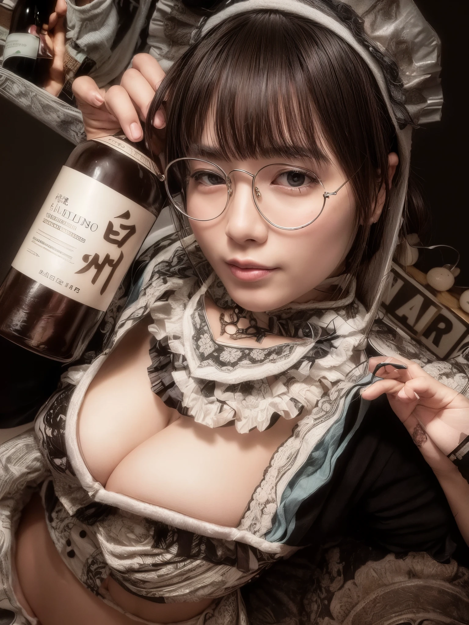 A beautiful young Japanese woman wearing an erotic maid uniform, hot, horny, with big breasts, wearing glasses, winking and holding a bottle of wine, very hot.