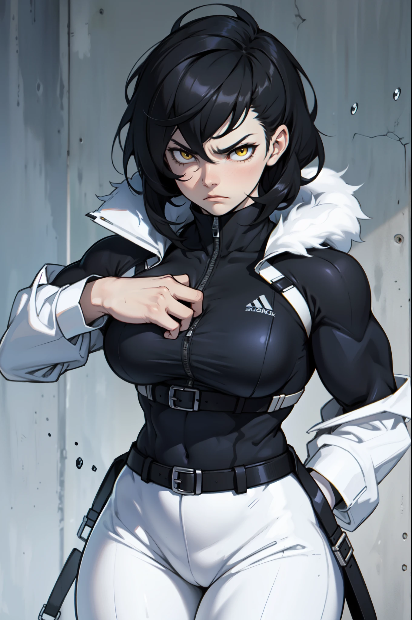 muscular girl thick ??????? black hair yellow eyes pale skin best quality sad frown cold