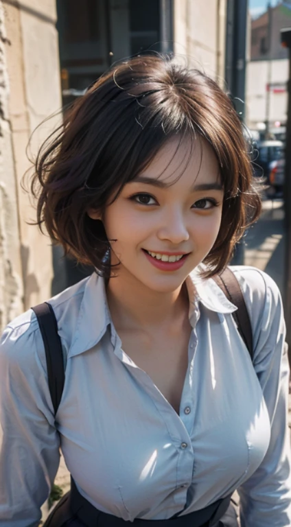Maximum image quality, ultra high resolution, masterpiece, photo quality (photorealistic photo: 1.8), pores, precision, office lady, see-through blouse, underwear shows through, unbuttoned, dark blue tight mini skirt, Japan women, one woman, facing the front, 25 years old, laughing,