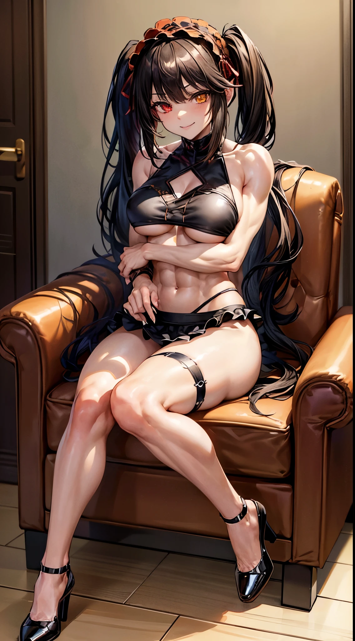 1 girl, bare shoulders, black hair, medium breasts, (muscular legs), bare legs, muscular belly, wide hips, thin waist, (((clock eyes))), (wearing a very short and sexy bikini), ( ((in the motel room))), full body, hairband, (sitting on chair with legs crossed), heterochromia, black high heel shoes, lolita hairband, long hair, red eyes, mischievous smile, look cunning, alone, symbol-shaped pupils, (Kurumi tokisaki), (twintails), yellow eyes,