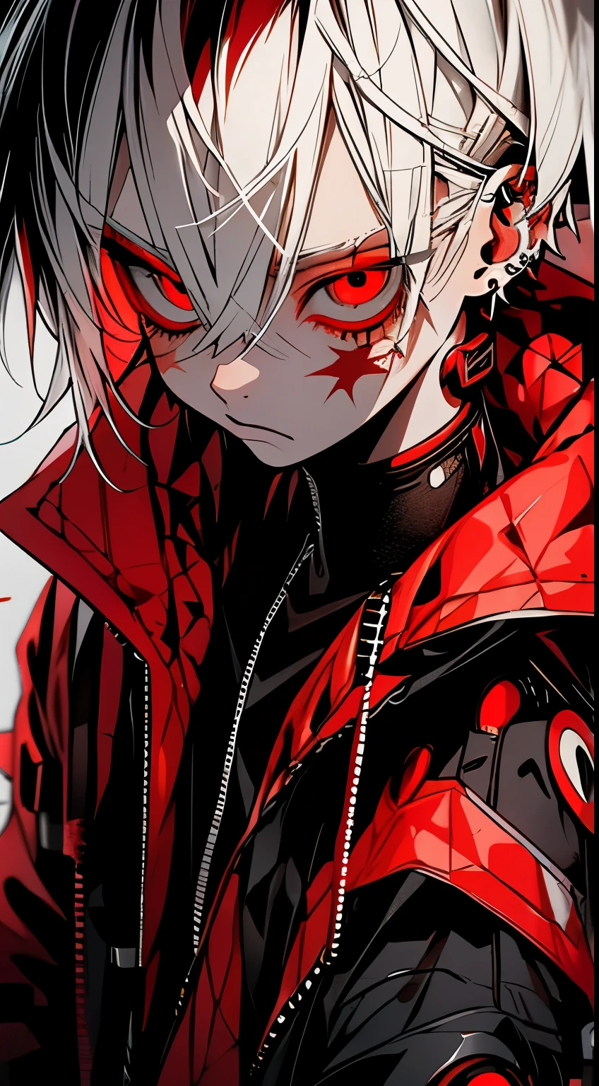 ```
ken kaneki, Tokyo Ghoul, white hair, black outfit, eyepatch, half-ghoul, serious expression, red kakugan eye, kagune tentacles, detailed face, high quality、Overall view、Uplifting、Cold-like sensation、Acrobatic

```