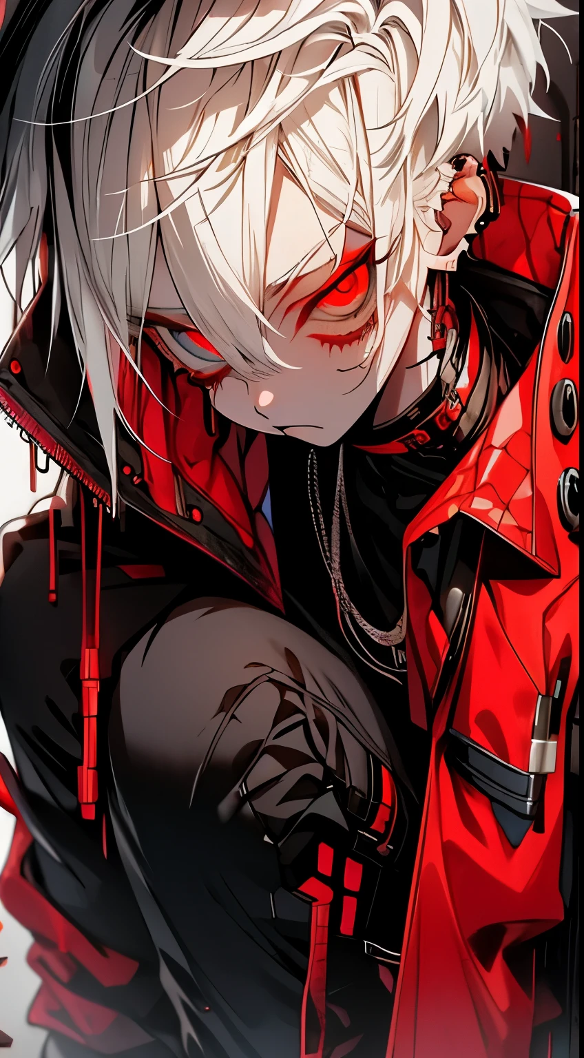 Innovative male Vtuber full body, white hair, small white eyebrows, brown skin, red eyes, morbid expression, mine-type makeup, dark circles under eyes, droopy eyes, cyberpunk style costume.