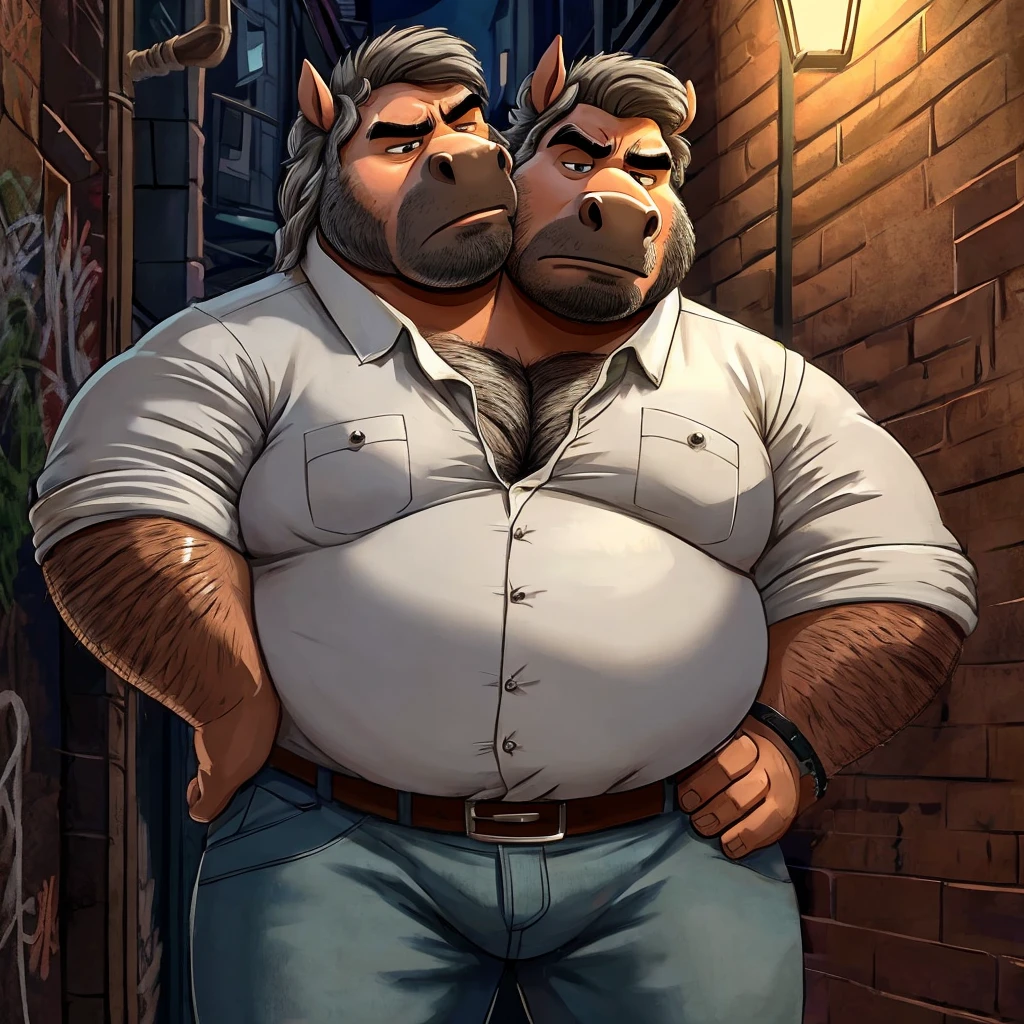 two heads one body, horse, grumpy, frowning, tired, annoyed, obese, fat, older male, old, dark alley background, streetlight, graffiti, anatomically correct eyes, button down shirt, jeans, belt, sweaty, hairy, gross, hands on hips, disgusting art style, masculine art style, Dreamworks style, Pixar art style, Disney art style, rugged art style, dirty art style, gray hair, eyes looking down, cheek to cheek, identical