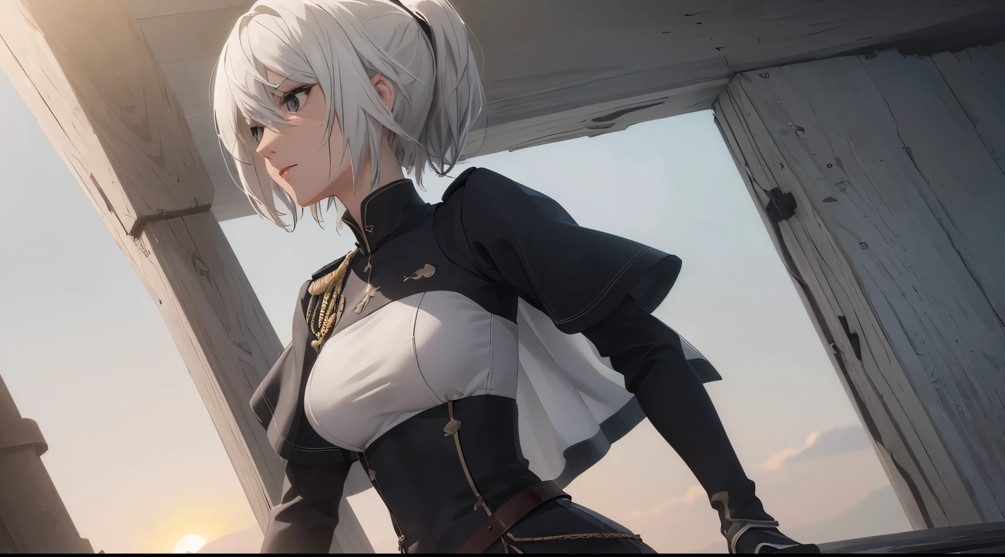 (extremely detailed CG unity 8k wallpaper), (masterpiece), (best quality), (ultra-detailed), (best illustration), (best shadow), (absurdres), 2b, 1girl, short hair, long ponytail, normal size boobs, white hair, blindfold solo, Intimidating women, admiral uniform, night, hero pose, white clothes, General Uniform, Military Uniform, Sunlight, exposed to sunlight,commander, cape, fighting, ((beautiful fantasy girl)), (Master Part: 1.2), Best Quality, High Resolution, photorealestic, photogenic, Unity 8k壁纸, perfect lighting, (perfect arms, perfect anatomy) beatiful face, intricate details, Detalhes realistas, the anime, The Perfect Girl, perfect details, Ultra HD |, 8K, Professional photo(extremely detailed CG unity 8k wallpaper), (masterpiece), (best quality), (ultra-detailed), (best illustration), (best shadow), (absurdres), 2b, 1girl, short hair, short ponytail, normal size boobs, white hair, blindfold solo, Intimidating women, admiral uniform, night, hero pose, white clothes, General Uniform, Military Uniform, Sunlight, exposed to sunlight, commander, black clothes, sunkissed, sunset background