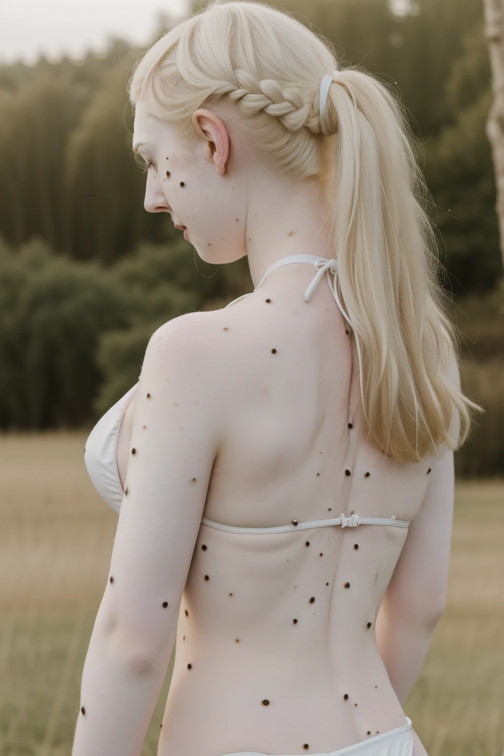 (pale white:1.5)  dbwl woman sks woman with (pale_white_skin:1.6), 

[(pale white skin:1.7) (with:.01) (light beauty_marks:.01):3]
 [(Natural light_blonde_hair:1):4], 
(from behind:1),
(Back view:1.2), 
 (medium shot:1.3), (full body shot:.9), bare back, head, albino, (clean:1.2) (bikini:1.4), braided ponytail, 
 (sunny:1.1), front light, well lit, (arctic ), detailed_skin, fit, unedited photograph, detailed, happy, high resolution, photograph, RAW photo, in frame, 

BREAK 
[(beauty_marks:1.1)::8] [(many beauty_marks and:.01) (many light moles:1.5):8]  (on her skin:1),