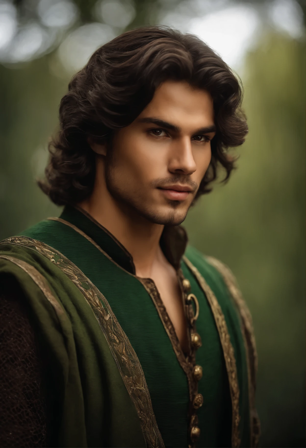 medium olive complexion, hispanic, man around 24 years old, natural dark brown hair, fluffy hair, medium length hair, distinctive bright dark green eyes, youthful, no facial hair, royal, flirty, woodlands medieval setting, ultra sharp focus, realistic shot, medieval fantasy clothing
