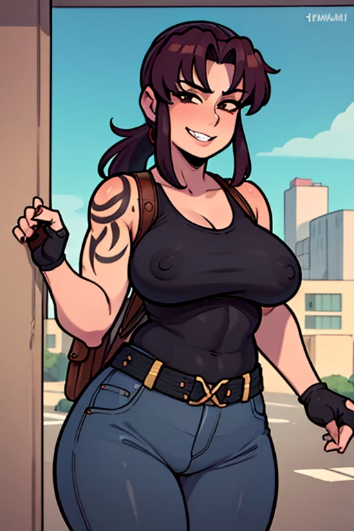 (masterpiece, best quality:1.2), solo, 1girl, revy, 48-year-old, mature woman, milf, milf figure, chubby, confident smile, teeth, looking at viewer, walking, ponytail, tight red tank top, fingerless gloves, tight black pants, belt, cigarette, smoking, holster, city street \(place\)