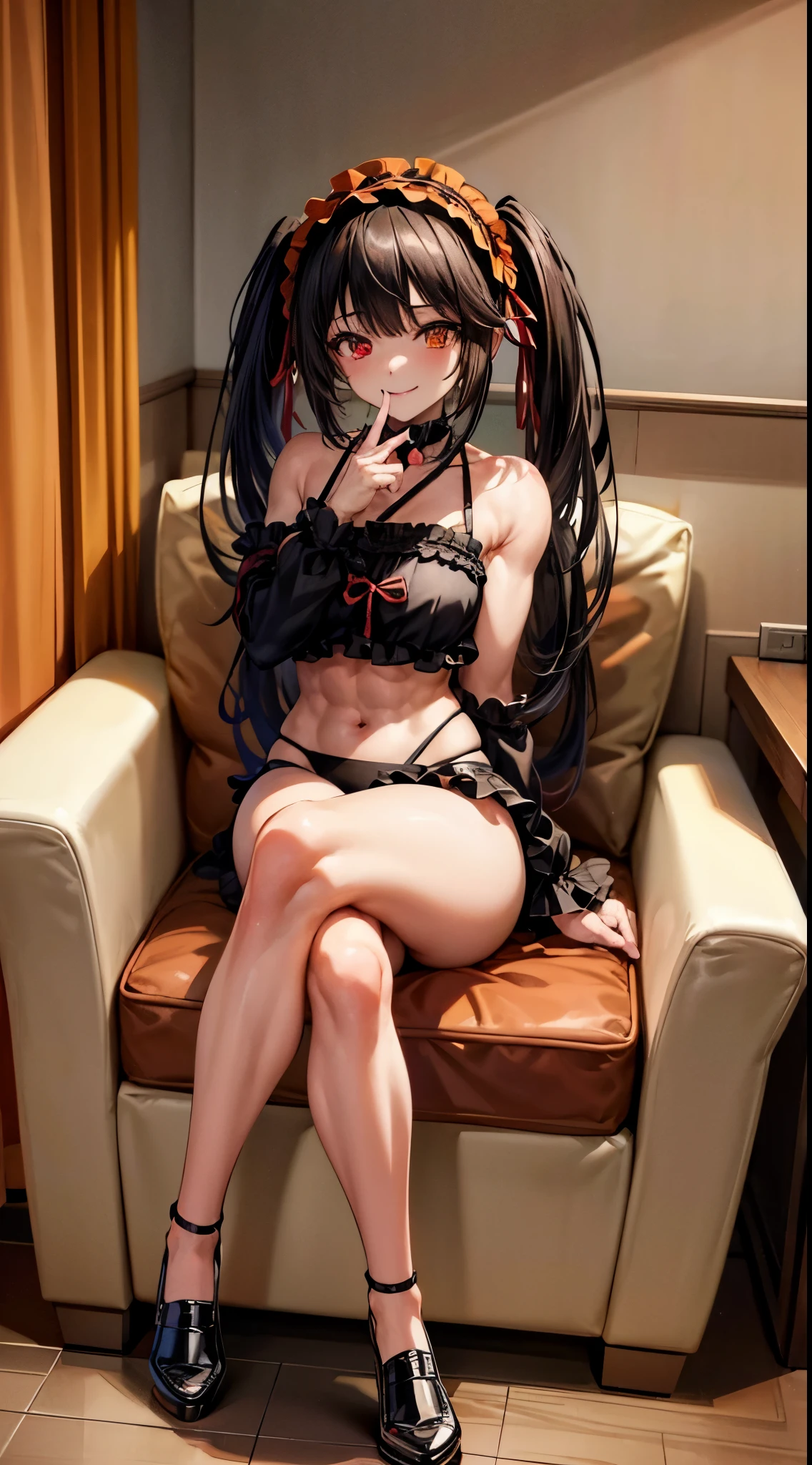 1 girl,  shoulders, black hair, , (muscular legs),  legs, muscular belly, wide , thin waist, (((clock eyes))), (wearing a very short and  ), ( ((in the motel room))), full body, hairband, (sitting on chair with legs crossed), heterochromia, black high heel shoes, lolita hairband, long hair, red eyes, mischievous smile, look cunning, alone, symbol-shaped pupils, (Kurumi tokisaki), (twintails), yellow eyes,