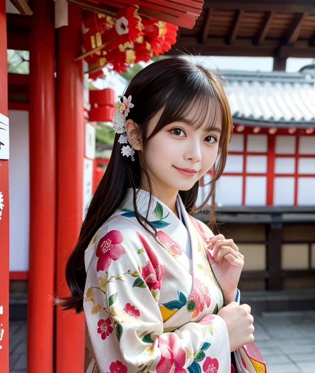 masutepiece, super detailed fine details, hight resolution, Raw photo、Perfect dynamic composition, Shrine of Japan、Saiquan box、New Year's morning、New Year's visit date、Congratulatory atmosphere、hime-cut、Bright girl、