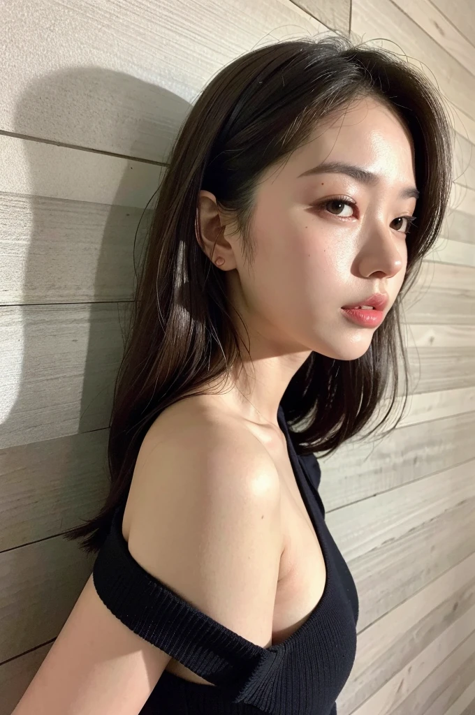((full body)), Ultra-realistic capture, Highly detailed, High resolution 16k close-up of human skin. Skin texture must be natural, With such detail that pores can be finely identified. Skin should look healthy, In a uniform tone. Use natural light and color, streaked hair, streaked hair, long hair, ((full body)), stand against the wall, From side,dutch angle,UHD, retina, masterpiece, ccurate, anatomically correct, super detail, textured skin, high details, high quality, best quality, highres, 1080P, HD, 4K, 8k