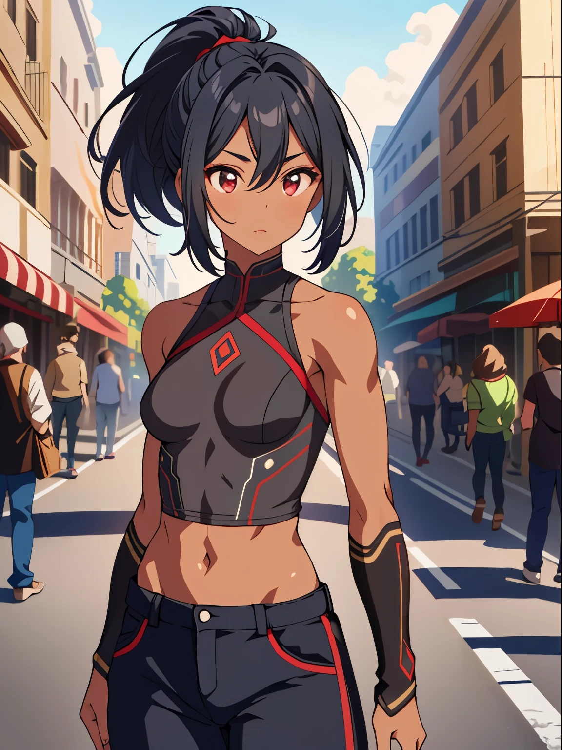dreamy, (masterpiece), best quality, (16 year old appearance), 1girl, Black short hair, amazing, beautiful detailed eyes, red eyes, fine details, depth of field, extremely detailed CG, ((Black skin)), black shirt, black pants, Red sleeves , small breasts, muscular girl, korra, dark skin, dark-skinned female, ponytail, hair tubes, short hai, bare shoulders, perfect anatomy, 1girl, solo,(high detailed skin:1.2), beautiful (skinny:0.8), (black skin:0.2), Looking at viewer, street background