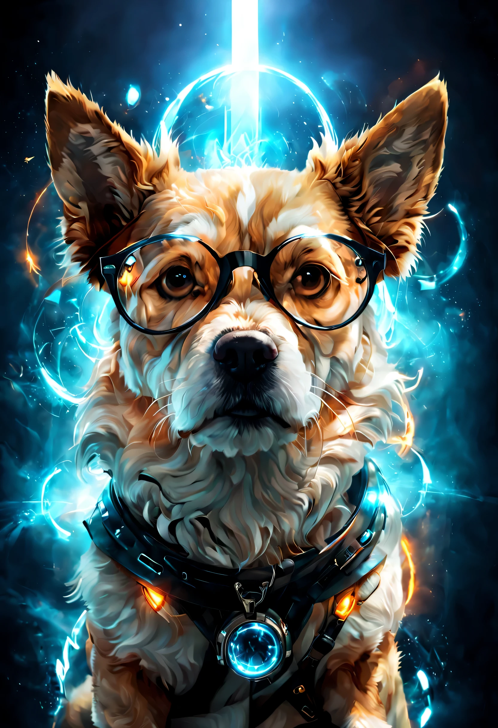 perro + gafas, Magical Energy, light cinematic, futuristic, epic fantasy, 8k