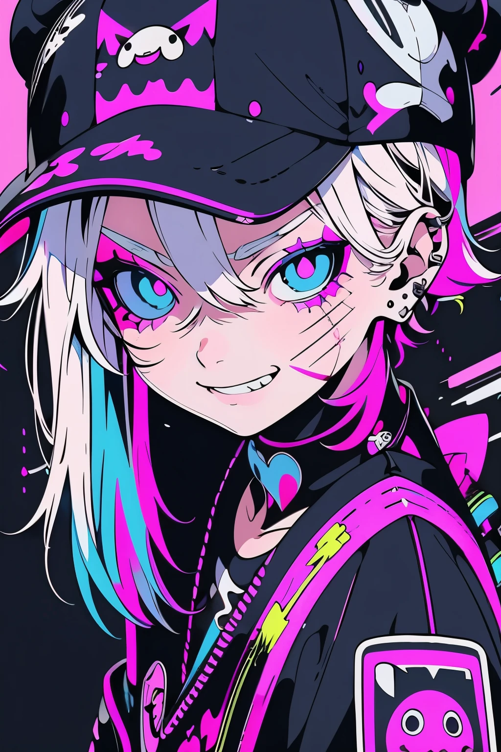 anime girl with a cap, white hair, street background in neon pink and blue colors, scars, stickers, smirk face
