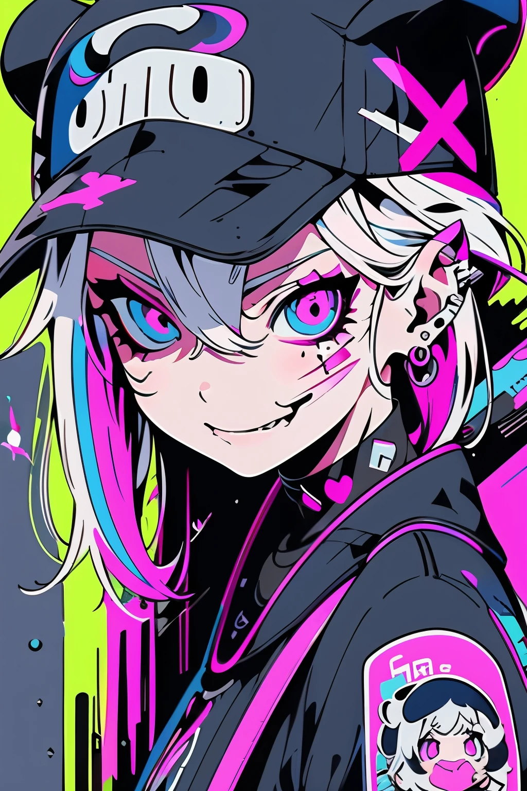 anime girl with a cap, white hair, street background in neon pink and blue colors, scars, stickers, smirk face