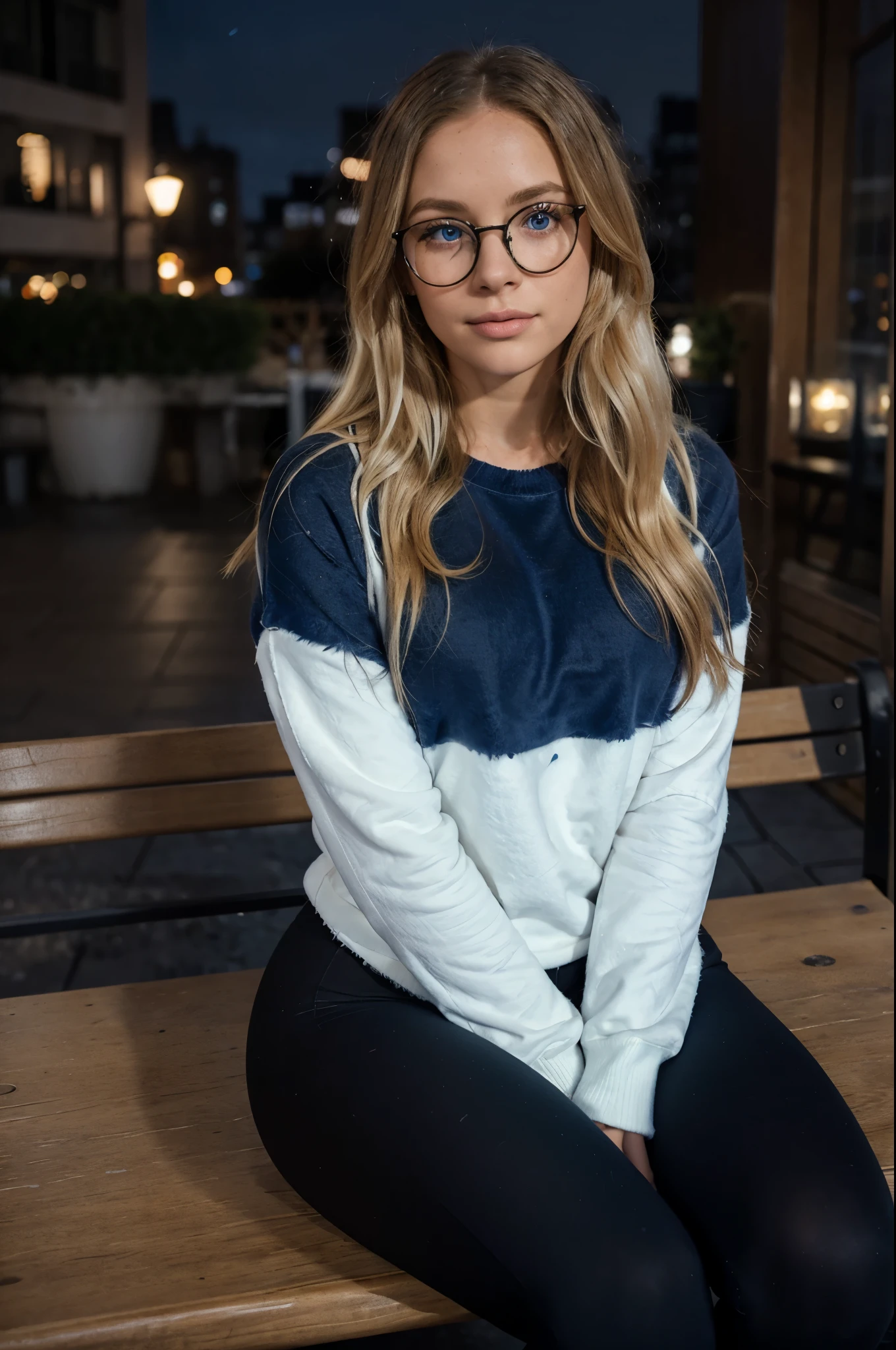 1woman, ombré blonde balayage hair, beautiful blue eyes, freckled face, circle glasses, off-white sweatshirt, seamless black leggings, black leggings, fuzzy faux fur boots, ugg style boots, night city background, sitting on bench, full body portrait, raw photo.