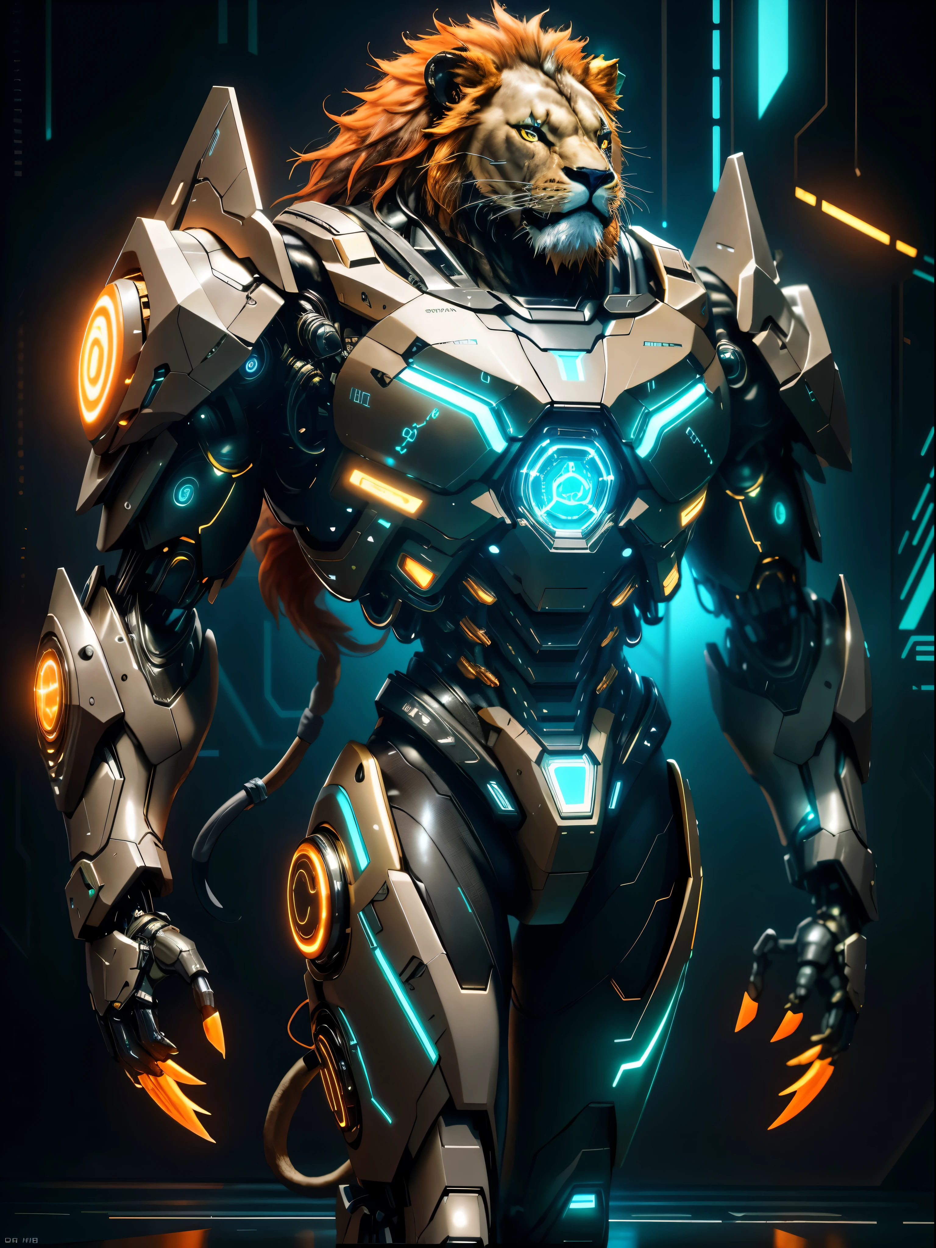 realistic,shiny,reflective,bioluminic, galactic cybernetic mask,mecha,( lion cyborg:1.2)sh4g0d,GlowingRunes_orange, slim body, fullbody, cinemnatic, colourful neon lights in the background, back light, high contrast, colourful