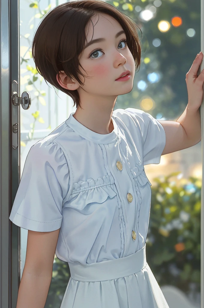 (Masterpiece, Top Quality), Depth of field, 1Girl, delicate detail, High Detail, High quality shadow, beautiful detail, (Bokeh: 1.5), Canon EOS shooting, SIGMA Art Lens 35mm F1.4, ISO 200 shutter speed 2000, Backlit, in front of fashionable café door, door, door, Solo, blossom, outdoors, letterboxed, day, sky, clouds, sunlights, white shirt, Whole body,Whole body, Whole body,Whole body, from the side, blur,blue sky, (High Detail skin, Skin detail) Middle breast, looking up at viewer, looking up at viewer, looking up at viewer, Short hair, Short hair, short sleeves, parted lips, shirt, Brown hair,