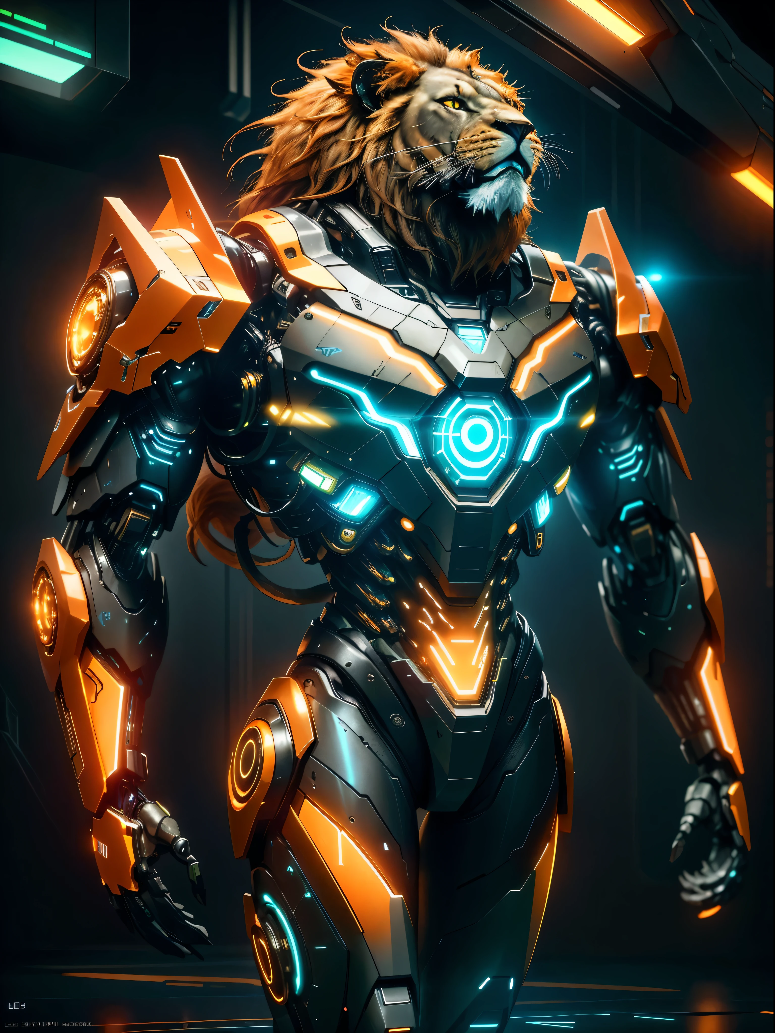 realistic,shiny,reflective,bioluminic, galactic cybernetic mask,mecha,( lion cyborg:1.2)sh4g0d,GlowingRunes_orange, slim body, fullbody, cinemnatic, colourful neon lights in the background, back light, high contrast, colourful