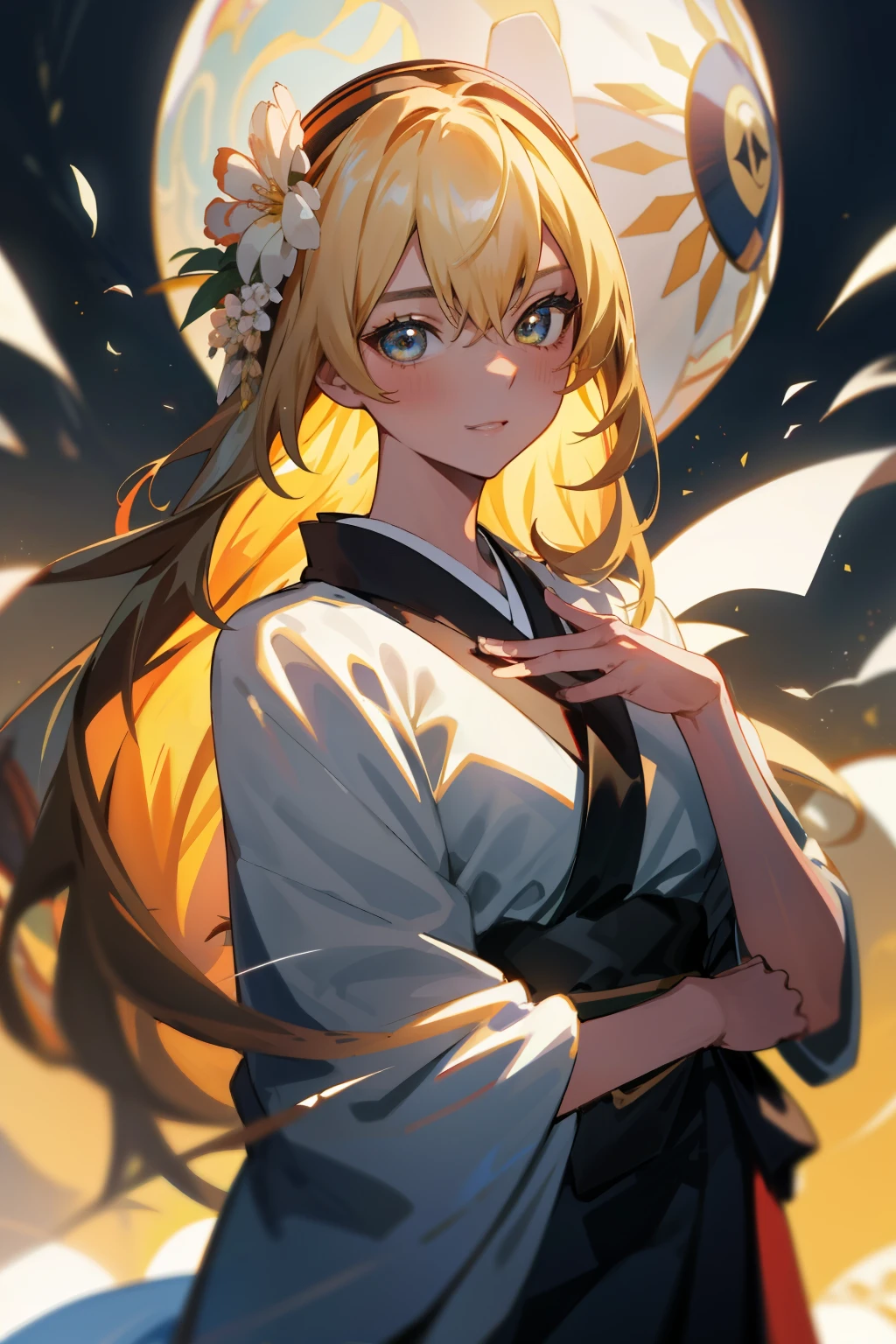 8K、top-quality、top-quality、​masterpiece、ighly detailed: 1.2)、女の子 1 人、The upper part of the body、A woman has an (Margot Robbie) Similar to、kimono、kimonoを着ており、Furisode、full of shyness、Front composition、directly in front、blonde  hair、a blond、Colossal tits、Depicted from head to chest、Straight Facing、upright immovable、The long-haired、Semi-long