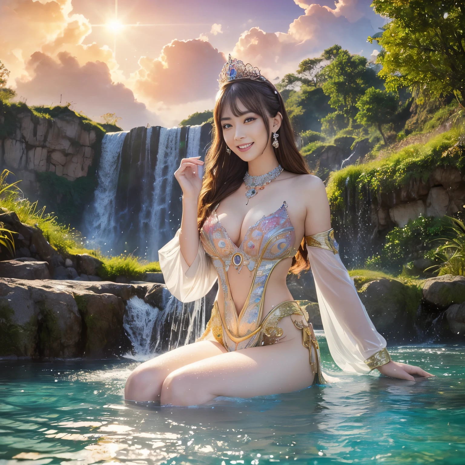 (top-quality、masutepiece、8K、Top image quality、Hyper-Realism、1 photo)、Photorealistic mermaid、Very huge waterfall,beautiful waterfall,Wide sky、Bathing in the waterhole、Shining pink and golden scales)),((big clear beautiful sky、beautiful thunder clouds、refreshing sunlight、Crisp and detailed background,、accurate anatomy、with an intricate, Finely shining rainbow-colored scales,Full Body Jewelry Decoration,The Most Gorgeous Princess Costume,The most gorgeous decoration,彼女の体中のwith an intricate宝石、Beautiful brown hair、Very finely drawn scales、The most luxurious and highest quality giant tiara、The most luxurious and highest quality giant necklace、人魚のbeautiful tail、beautiful tail,the biggest smile when you look at me