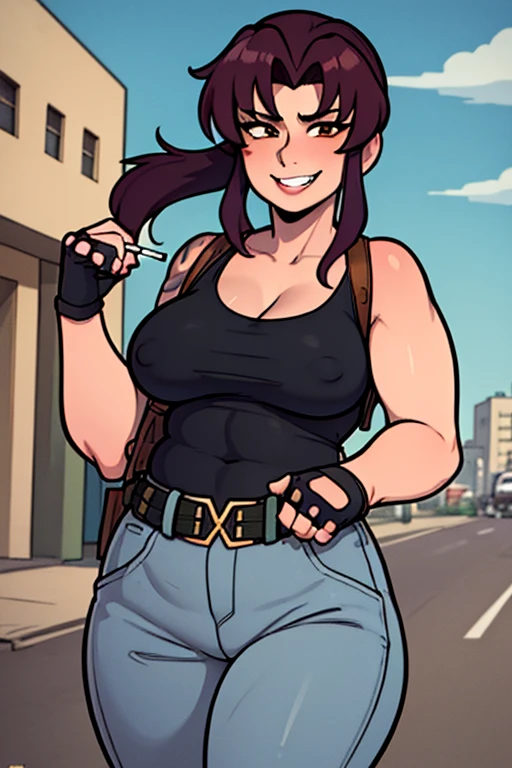 (masterpiece, best quality:1.2), solo, 1girl, revy, 48-year-old, mature woman, milf, milf figure, chubby belly, pudgy figure, confident smile, teeth, looking at viewer, walking, ponytail, tight red tank top, fingerless gloves, tight black pants, belt, cigarette, smoking, holster, city street \(place\)