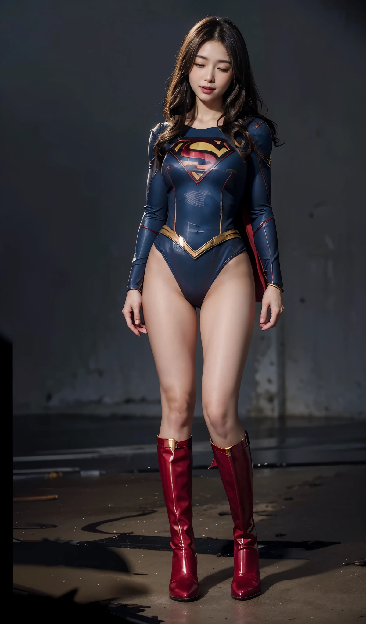 No background、Eyes closed、Passing away、yawning being、is crying、Suffering、Eyes closed、Snug Supergirl costume、Costume that fits the body、and draw the full body、(((Wear black tights on your beautiful legs.)))、(((Grow legs、tall、Legally express the beauty of your smile)))、((((Make the most of the original image)))、(((Supergirl Costume)))、(((beautiful hairl)))、(((Suffering)))、(((Feet must necessarily be worn with black tights)))、(((You need to wear red boots)))、((Top image quality、8K))、((top-quality、8K、masterpiece:1.3))、(((Keep Background )))、Crisp focus:1.2、Beautiful woman with perfect body shape:1.4、Slender Abs:1.2、a wet body:1.5、Highly detailed facial and skin texture、8K