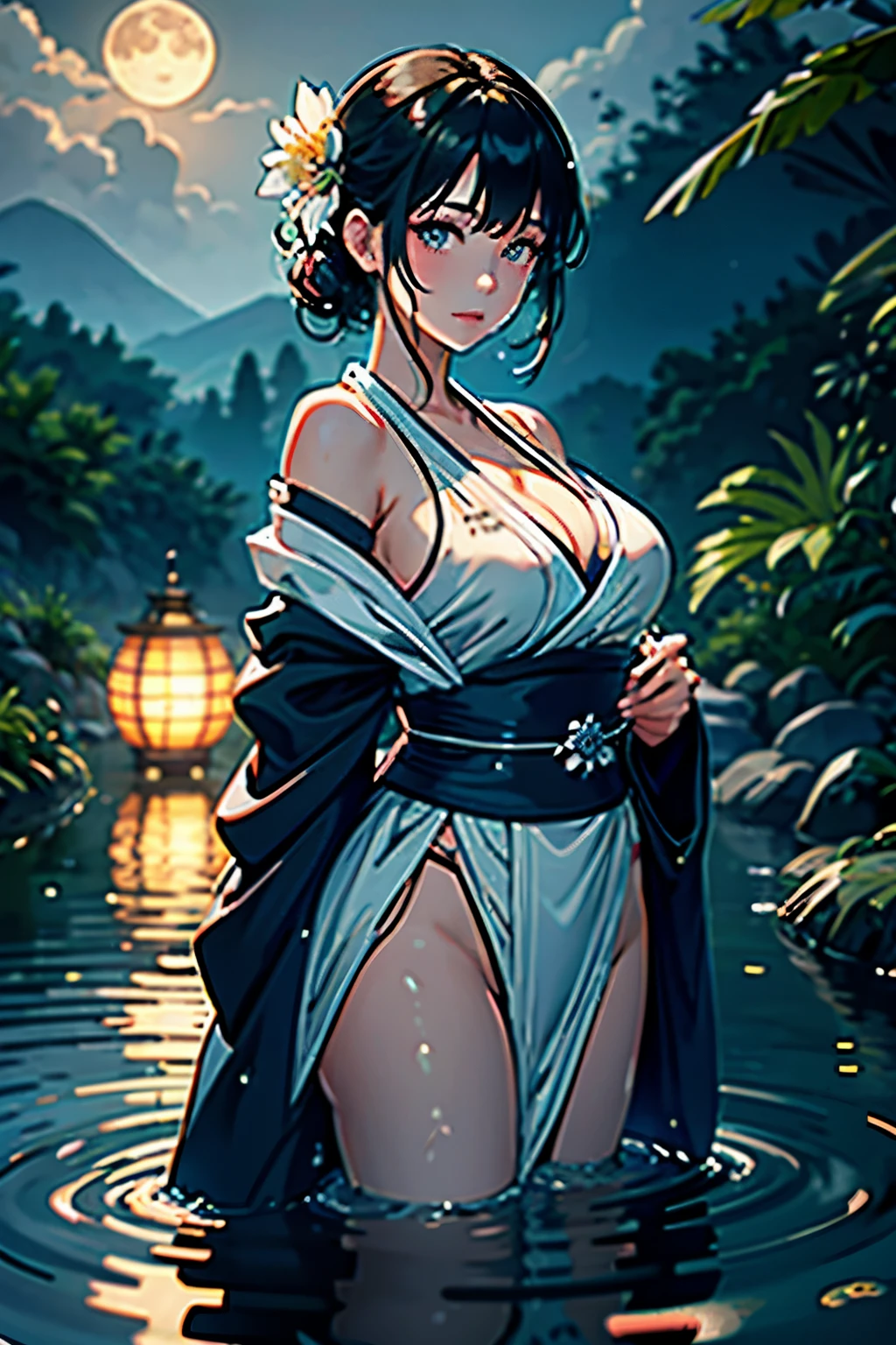 1girl, breasts, moon, lantern, night, solo, large breasts, hair ornament, wet, kimono, japanese clothes, wading, water, hair flower, flower, outdoors, sky, full moon, rain, black hair, off shoulder, mountain, cloud, holding, sash, bare shoulders, paper lantern, standing, white kimono, night sky, sideboob, obi, wet clothes, bangs, tree, from side, reflection, short hair, cloudy sky, wet hair (((masterpiece),(extremely detailed CG unity 8k wallpaper),best quality,,solo,1girl,cinematic lighting,detailed background,beautiful detailed eyes,bright pupils, (an extremely delicate and beautiful),(Beautiful and detailed eye description), ultra-detailed,masterpiece,)),