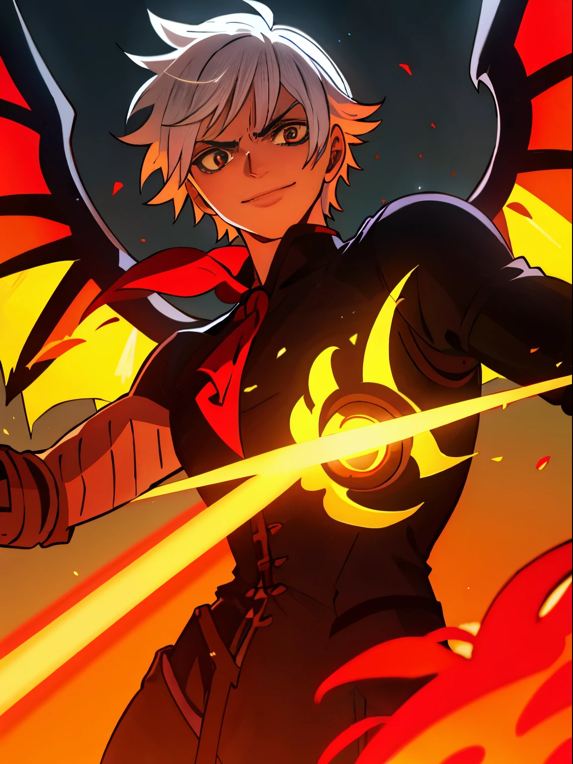 1boy, wanostyle, white haired boy, souriant, head of the dragon head, regardant le spectateur, solo, haut du corps, ((Masterpiece)), (beste-Qualit), (extremly detailed), profondeur de champ, croquis, ombres sombres intenses, mise au point nette , dim lighting, hdr, colourfull, bonne composition, feu tout autour, spectaculaire, closed shirt, capture décran danime, cicatrice sous les yeux, ready to fight, yeux rouges, tanned skin, dark black angels wings, Lunaria, One Piece, Black Angel wings, Crow wings, Dark Angel wings, Black wings, Dragon outfit