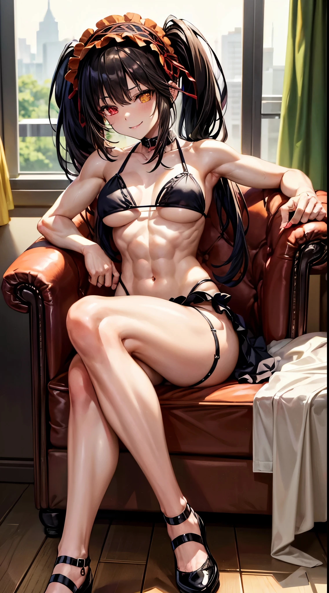 1 girl, bare shoulders, black hair, medium breasts, (muscular legs), bare legs, muscular belly, wide hips, thin waist, (((clock eyes))), (wearing a very short and sexy bikini), ( ((in the motel room))), full body, hairband, (sitting on chair with legs crossed), heterochromia, black high heel shoes, lolita hairband, long hair, red eyes, mischievous smile, look cunning, alone, symbol-shaped pupils, (Kurumi tokisaki), (twintails), yellow eyes,