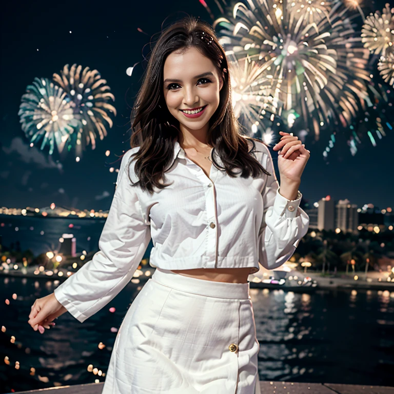 White blouse, black skirt, new year fireworks in the background , happy, hyper realistic photo., sexy