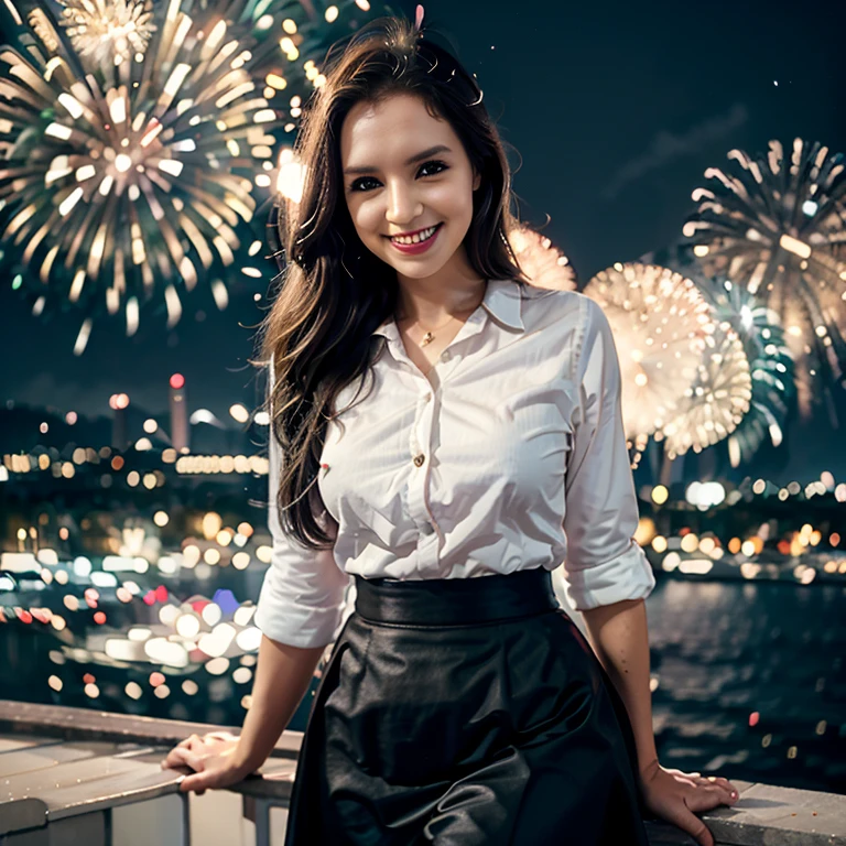 White blouse, black skirt, new year fireworks in the background , happy, hyper realistic photo., sexy