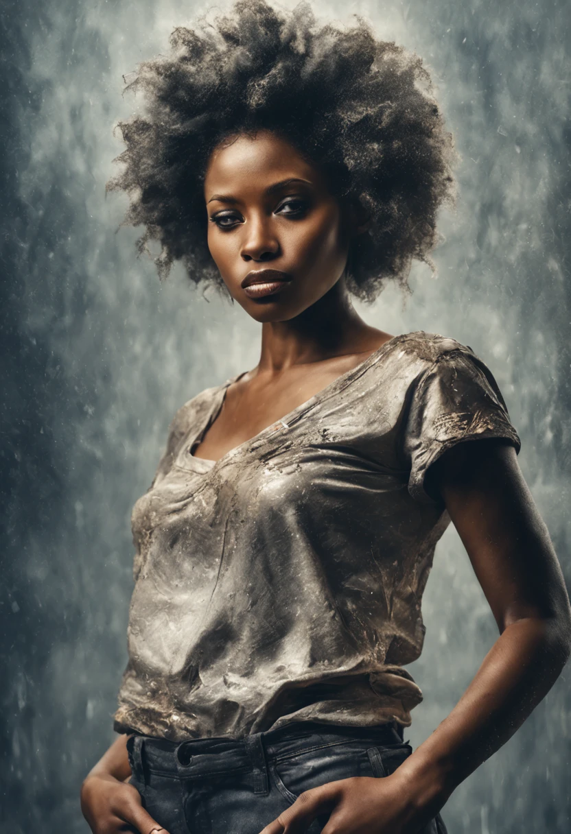 afro american woman hair in a braid, hands in ripped and torn pant pockets, standing in a dystopia, raining ash that looks like glitter, antique photo, scratches and dust, Photorealistic