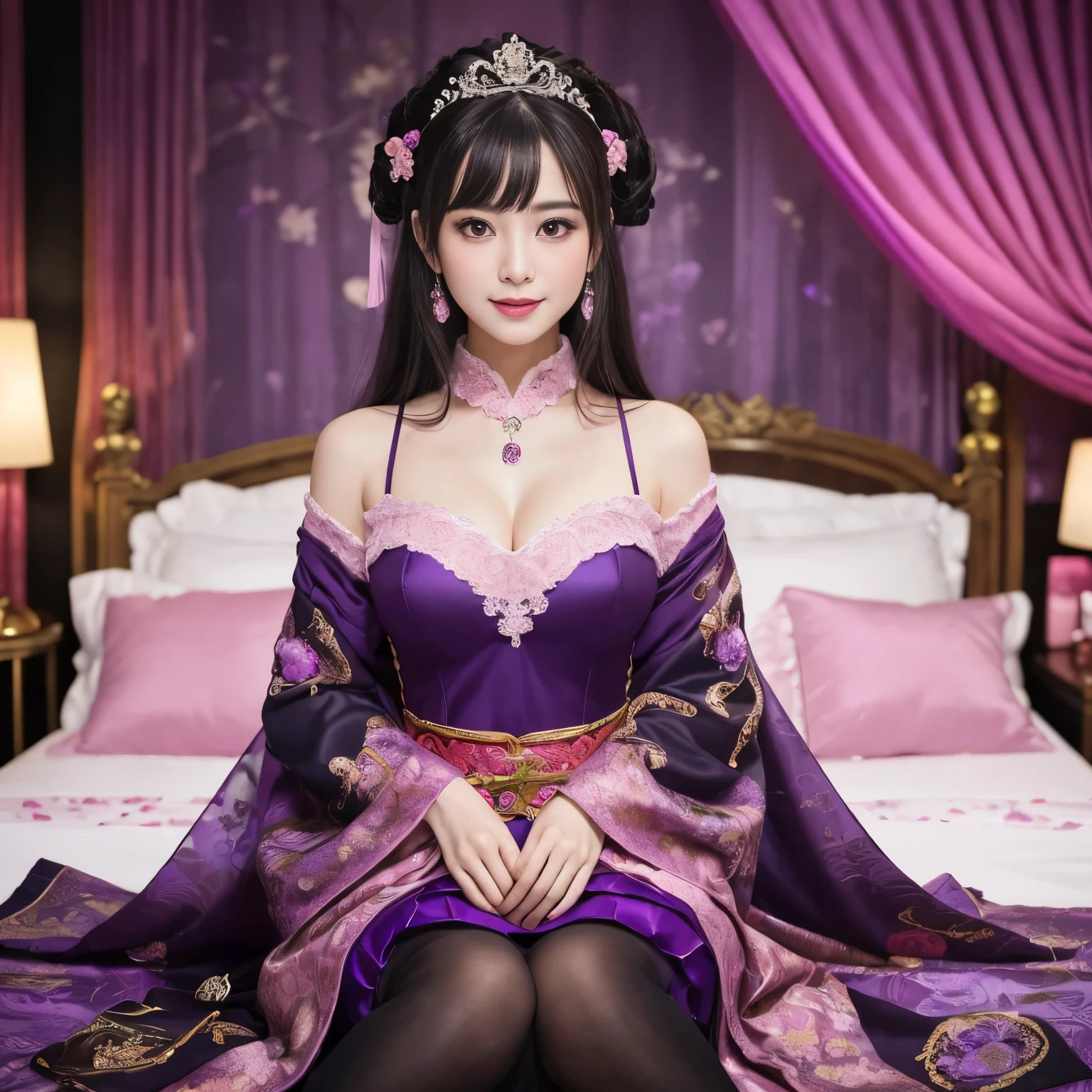 ((top-quality、masutepiece、8K、Top image quality、Highly complex and detailed depictions))、(1人の女性:1.1)、((traditional chinese pink hanfu、Woman wearing pink traditional chinese hanfu、Beautiful legs exposed、Raw feet、long furisode、An unimaginably luxurious bedroom、(purple and pink bedroom:1.3)、(romantic dark night:1.3)、(pink and purple lighting:1.2)、spectacular movie lighting、The most luxurious and sparkling bedroom、(romantic midnight:1.3)、Very complex decoration、(Bed surrounded by huge beautiful curtains:1.2)、(View me、Bewitching smile、Perfect makeup、long eyelashes、lipsticks、Pink eyeshadows、perfect anatomia、Biggest smile)