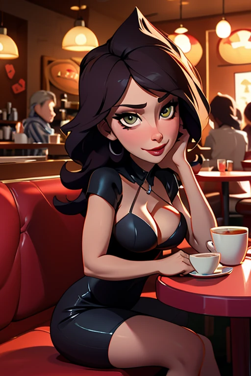 Aunt Cass, cleavage, seductive expression, sexual expression, sitting across from viewer in a cafe, waiting for love, pov