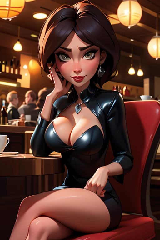 brown haired woman, eyes browns, Caucasian skin, Grinning, elegant outfit with neckline. She is playing poker in the living room