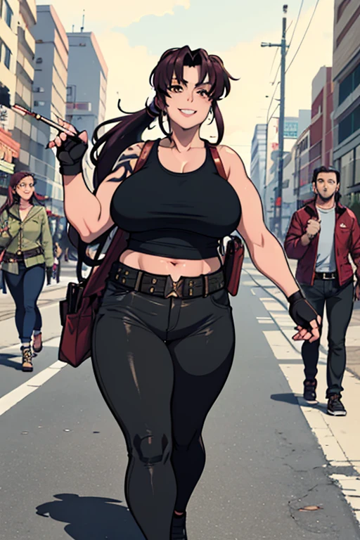 (masterpiece, best quality:1.2), solo, 1girl, revy, 48-year-old, mature woman, milf, milf figure, chubby belly, pudgy figure, confident smile, teeth, looking at viewer, walking, ponytail, tight red tank top, fingerless gloves, tight black pants, belt, cigarette, smoking, holster, city street \(place\)