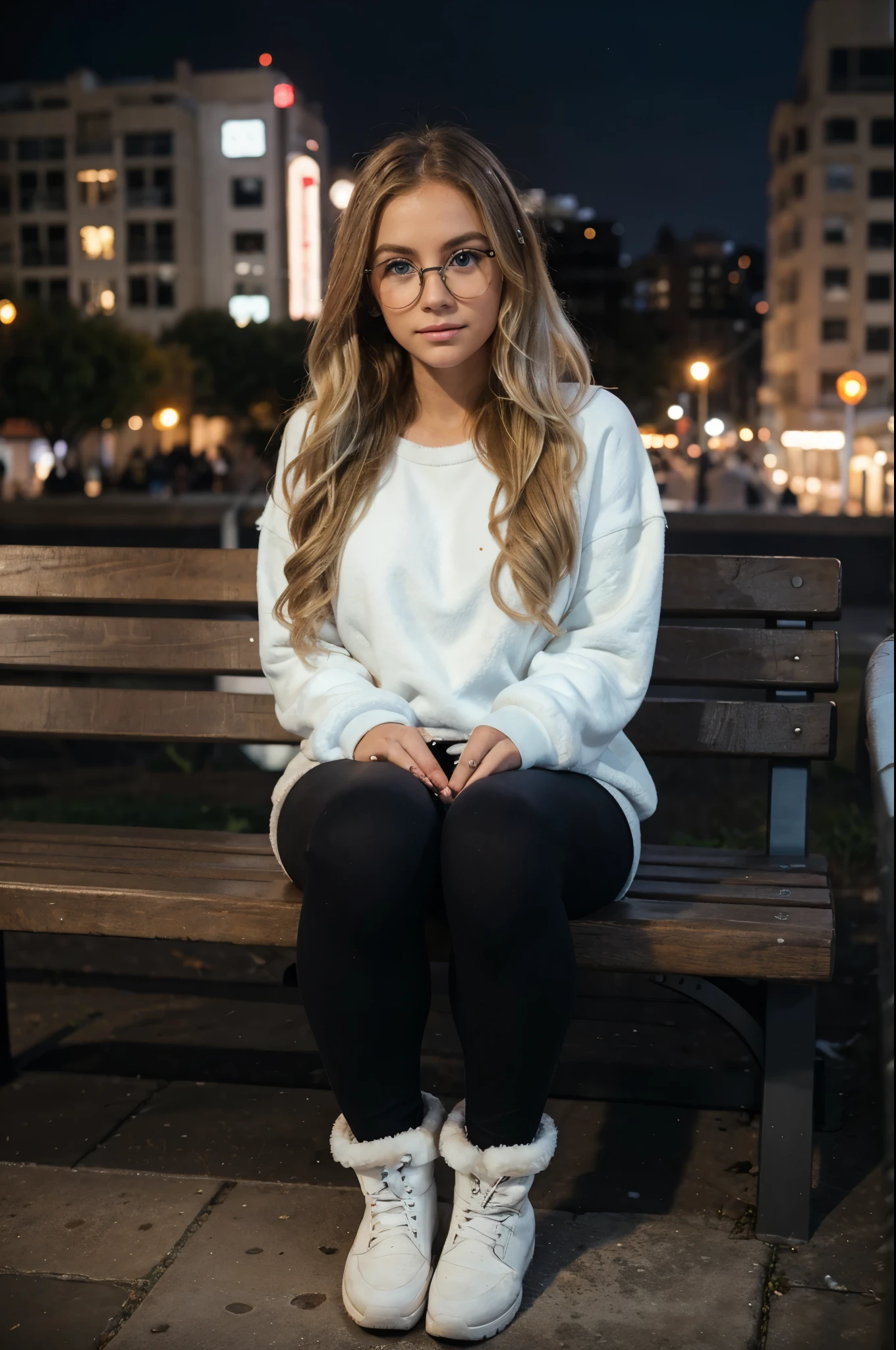 1woman, ombré blonde balayage hair, beautiful blue eyes, freckled face, circle glasses, off-white sweatshirt, seamless black leggings, black leggings, fuzzy faux fur boots, ugg style boots, night city background, sitting on bench, full body portrait, raw photo.