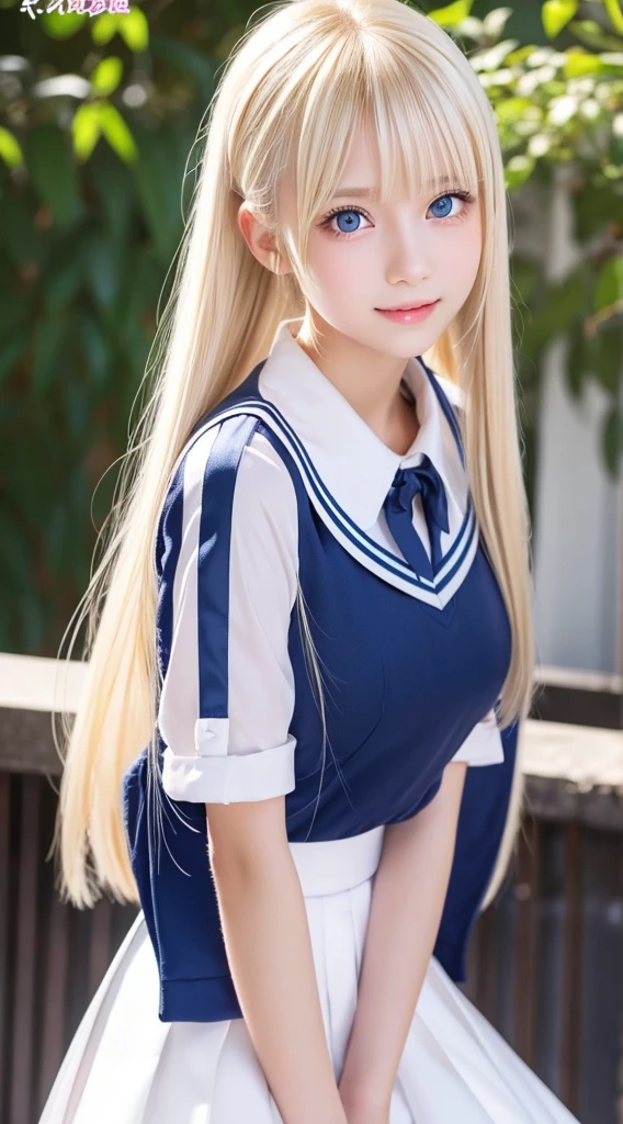 portlate、School Uniforms、bright expression、poneyTail、Young shiny shiny white shiny skin、Best Looks、Blonde reflected light、Platinum blonde hair with dazzling highlights、shiny light hair,、Super long silky straight hair、Beautiful bangs that shine、Glowing crystal clear attractive big blue eyes、Very beautiful nice cute 16 year old girl、huge ???