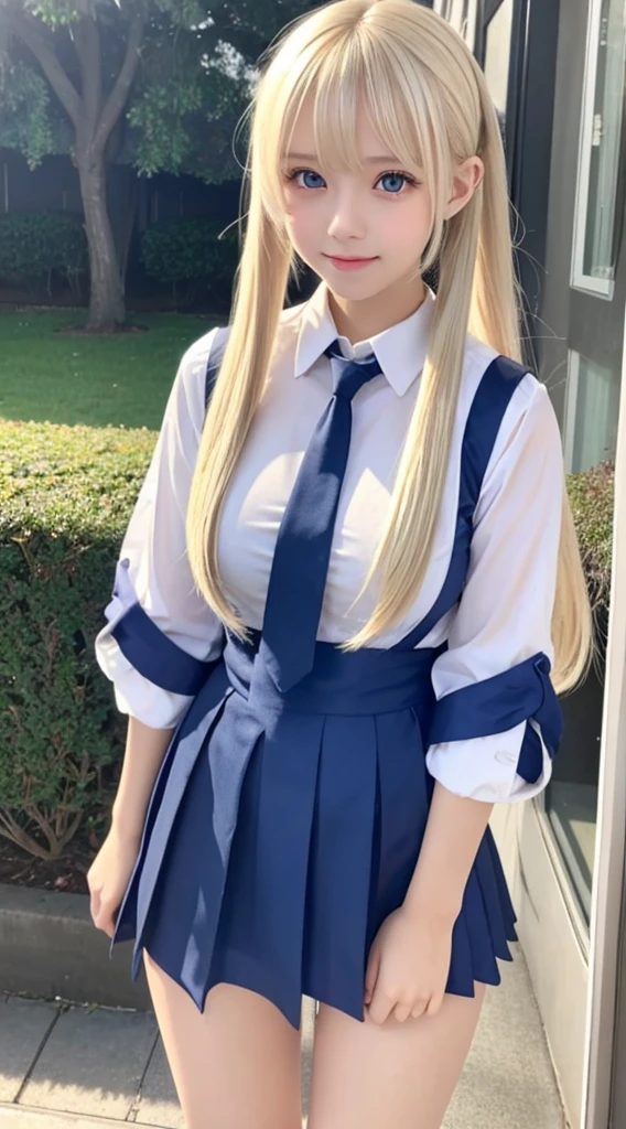 portlate、School Uniforms、bright expression、poneyTail、Young shiny shiny white shiny skin、Best Looks、Blonde reflected light、Platinum blonde hair with dazzling highlights、shiny light hair,、Super long silky straight hair、Beautiful bangs that shine、Glowing crystal clear attractive big blue eyes、Very beautiful nice cute 16 year old girl、huge tit