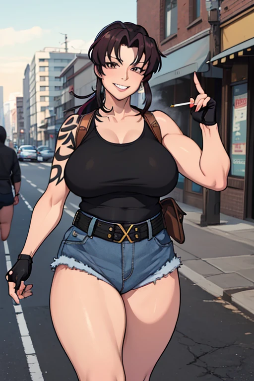 (masterpiece, best quality:1.2), solo, 1girl, revy, 48-year-old, mature woman, milf, milf figure, chubby belly, pudgy figure, confident smile, teeth, looking at viewer, walking, ponytail, tight red tank top, fingerless gloves, tight black pants, belt, cigarette, smoking, holster, city street \(place\)