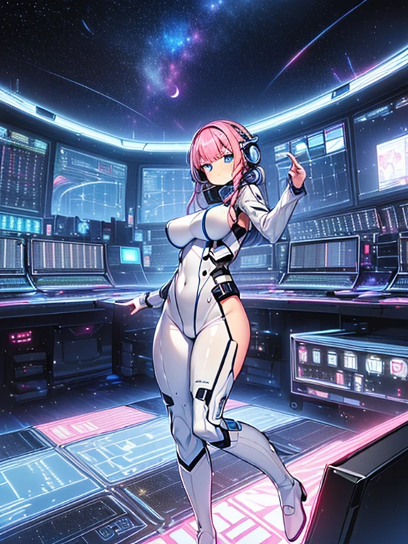 masterpiece:1.4, 1girl in ((20yr old, Wearing a tight, futuristic metallic white bodysuit,long boots, huge-breasted, A pink-haired, long,Braided hair,marguerite'Hairstyles, Perfect model body, Blue eyes:1.4, Wearing headphones, Flirting, Happy, Looking out the window of the futuristic sci-fi space station、While admiring the beautiful galaxy:1.2, SFSF control room on night background:1.1, Neon and energetic atmosphere:1.2)) ((Galaxy)) ((Solo:1.6))