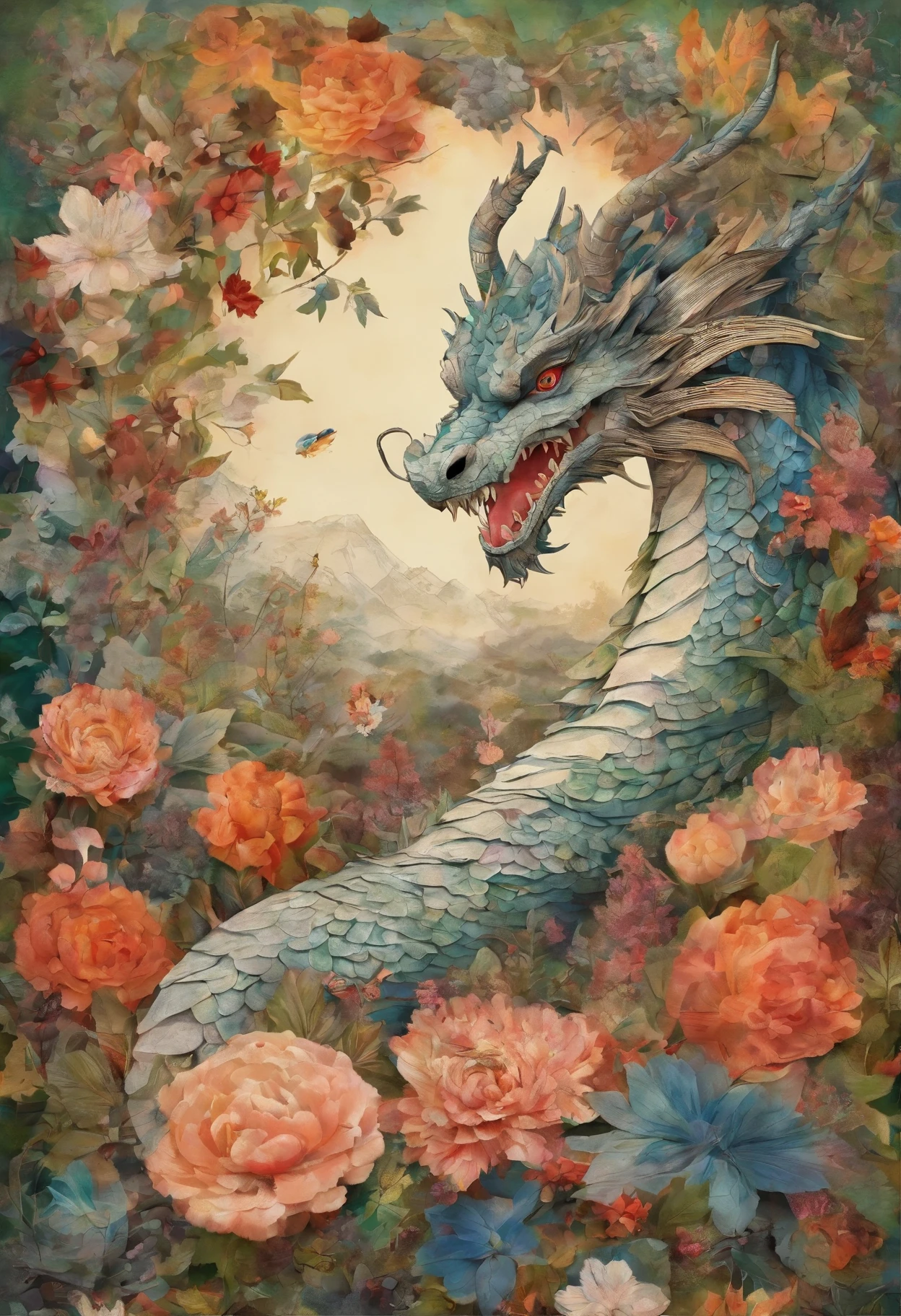 The dragon sleeps in the forest.., curled up in a kolashik,lying face down, His head was lying on a field of beautiful flowers.